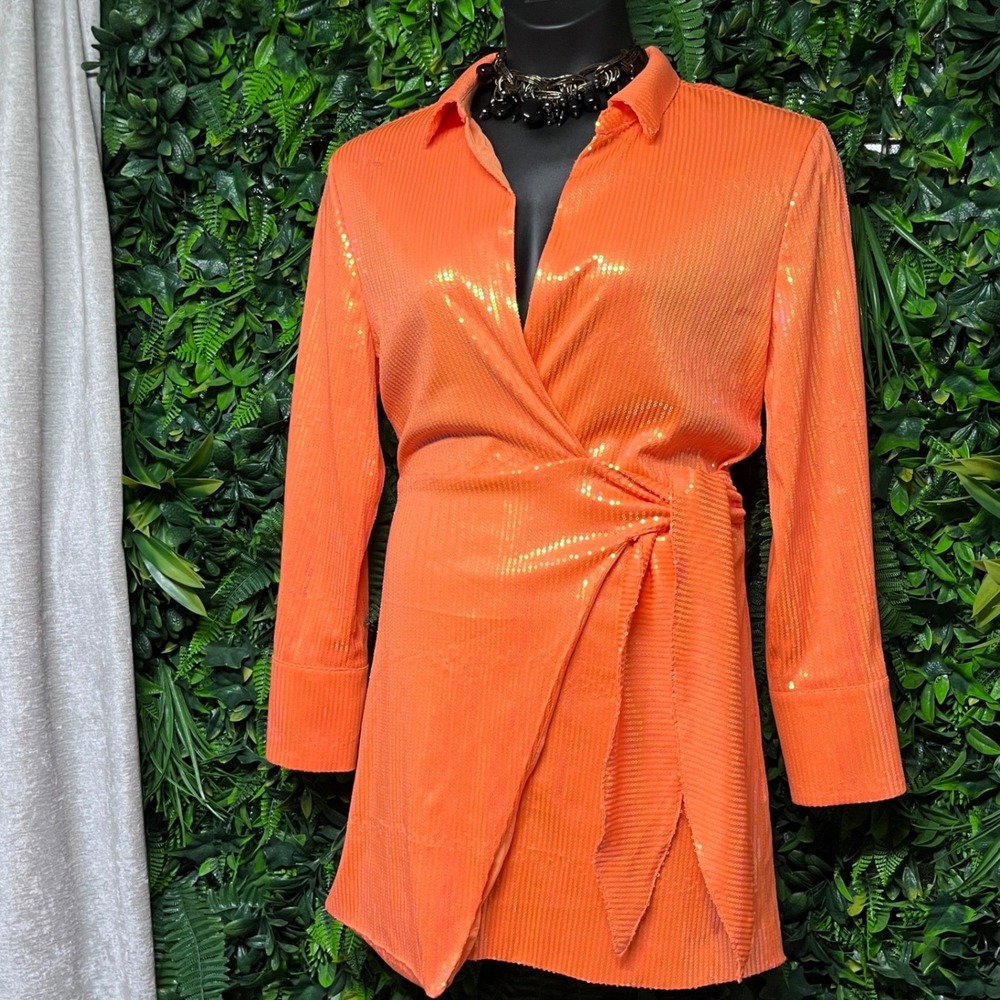 House of Harlow 1960 Dress Large Orange Sequin Wrap Mini Long Sleeve 4167